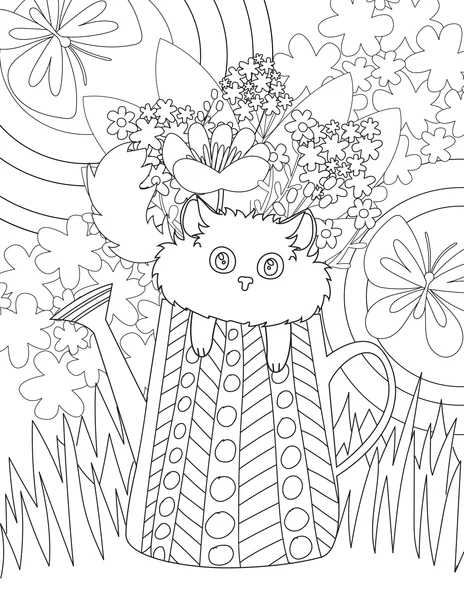 Kitten in a watering can coloring page